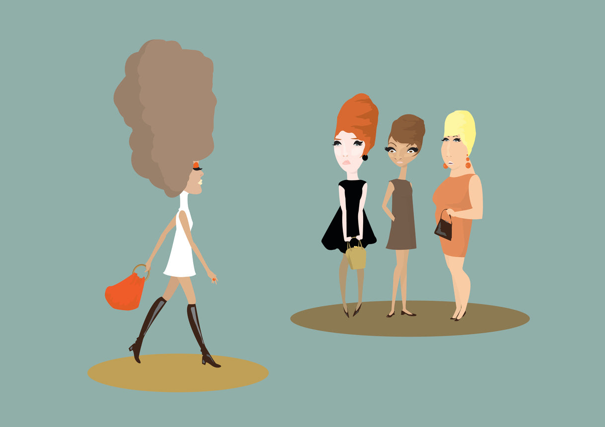 lady with beautiful big hair and others looking at her