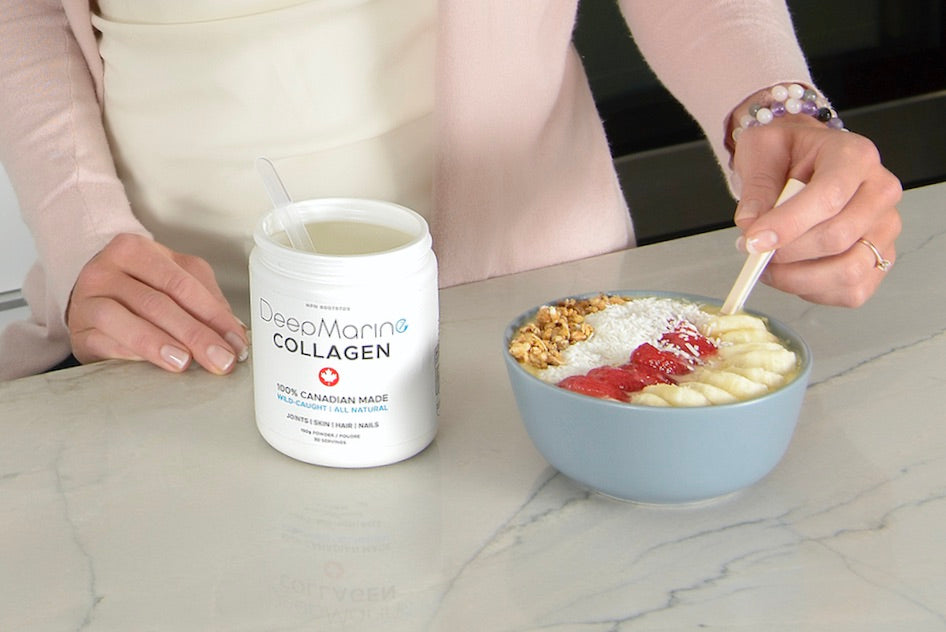 Woman taking marine collagen out of grocery bag