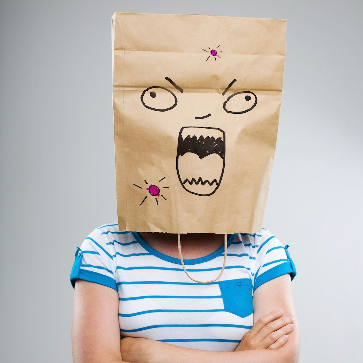 DeepMarine Collagen Woman with bag on her head to hide adult acne